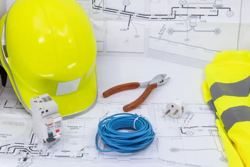 Casque de sécurité, matériel de câblage et outils posés sur un plan d'installation électrique pour une intervention de dépannage électrique.